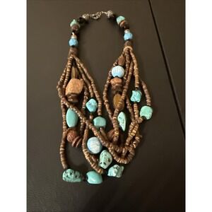 Vintage You And I Chunky Turquoise Color And Wood Necklace